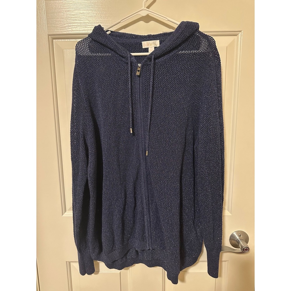 Belle by Kim Gravel Sweater Women 2X Blue Zip Up Hoodie Metallic Mesh Knit